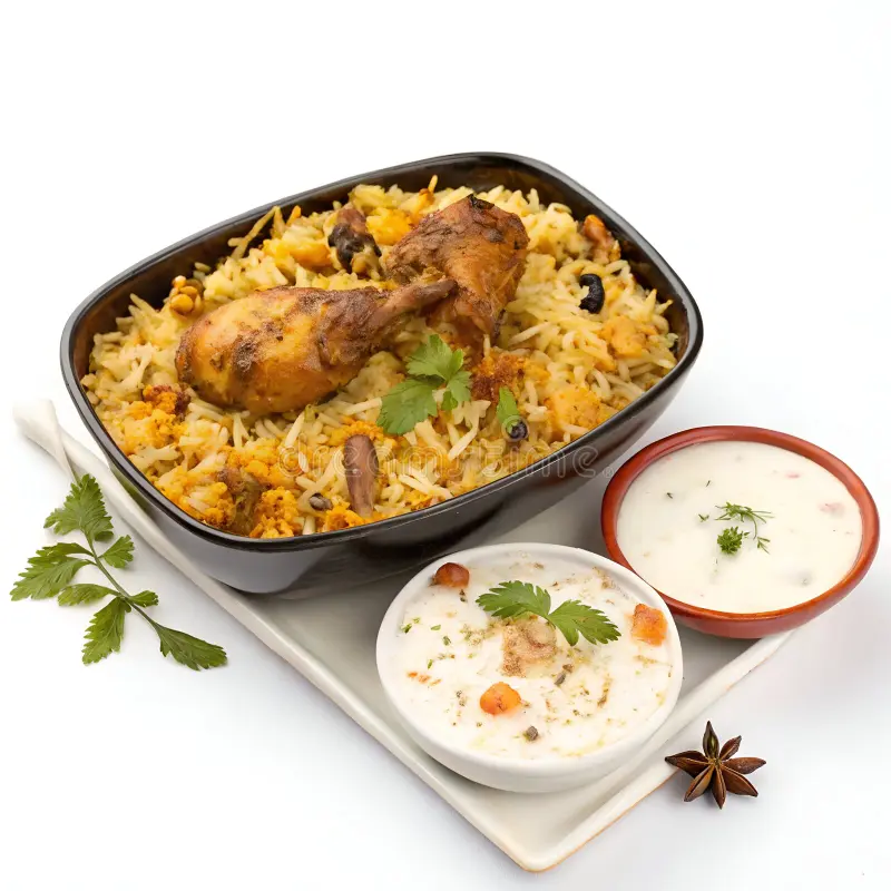 Chicken Biryani with Raita and Gravy